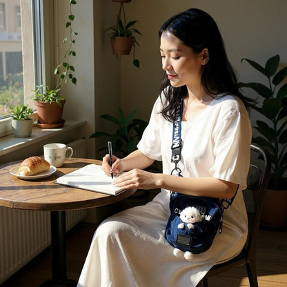 Mini Denim Crossbody Sling Bag with Animal Charm Adjustable Strap