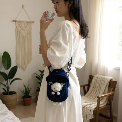 Mini Denim Crossbody Sling Bag with Animal Charm Adjustable Strap