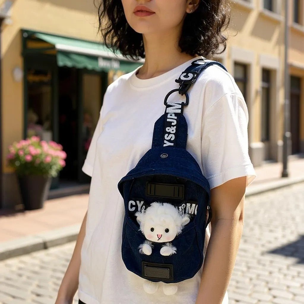 Mini Denim Crossbody Sling Bag with Animal Charm Adjustable Strap