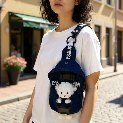 Mini Denim Crossbody Sling Bag with Animal Charm Adjustable Strap