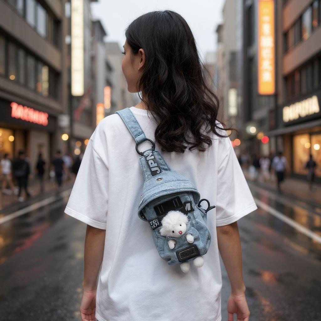 Mini Denim Crossbody Sling Bag with Animal Charm Adjustable Strap