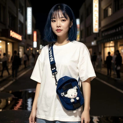 Mini Denim Crossbody Sling Bag with Animal Charm Adjustable Strap