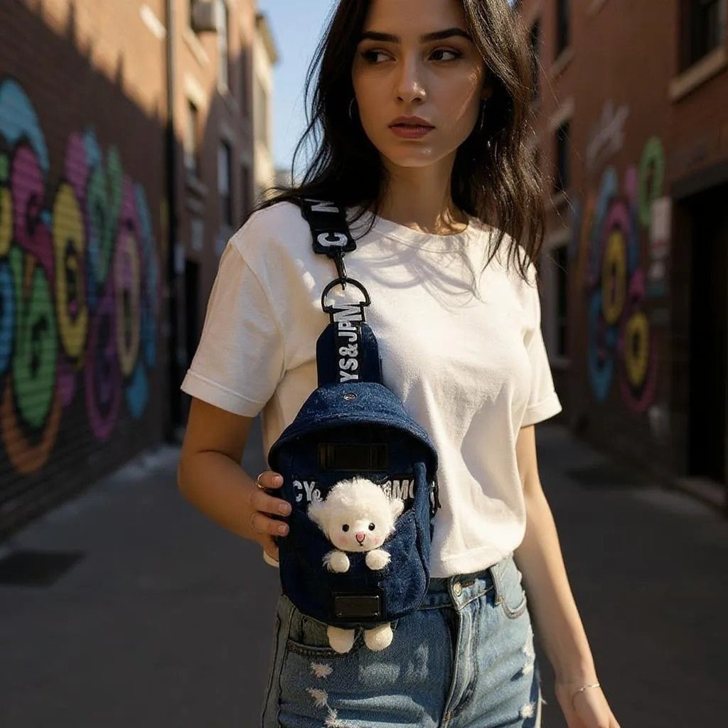 Mini Denim Crossbody Sling Bag with Animal Charm Adjustable Strap
