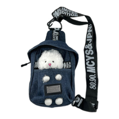 Mini Denim Crossbody Sling Bag with Animal Charm Adjustable Strap