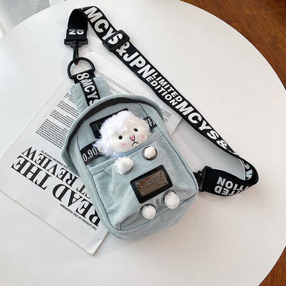 Mini Denim Crossbody Sling Bag with Animal Charm Adjustable Strap